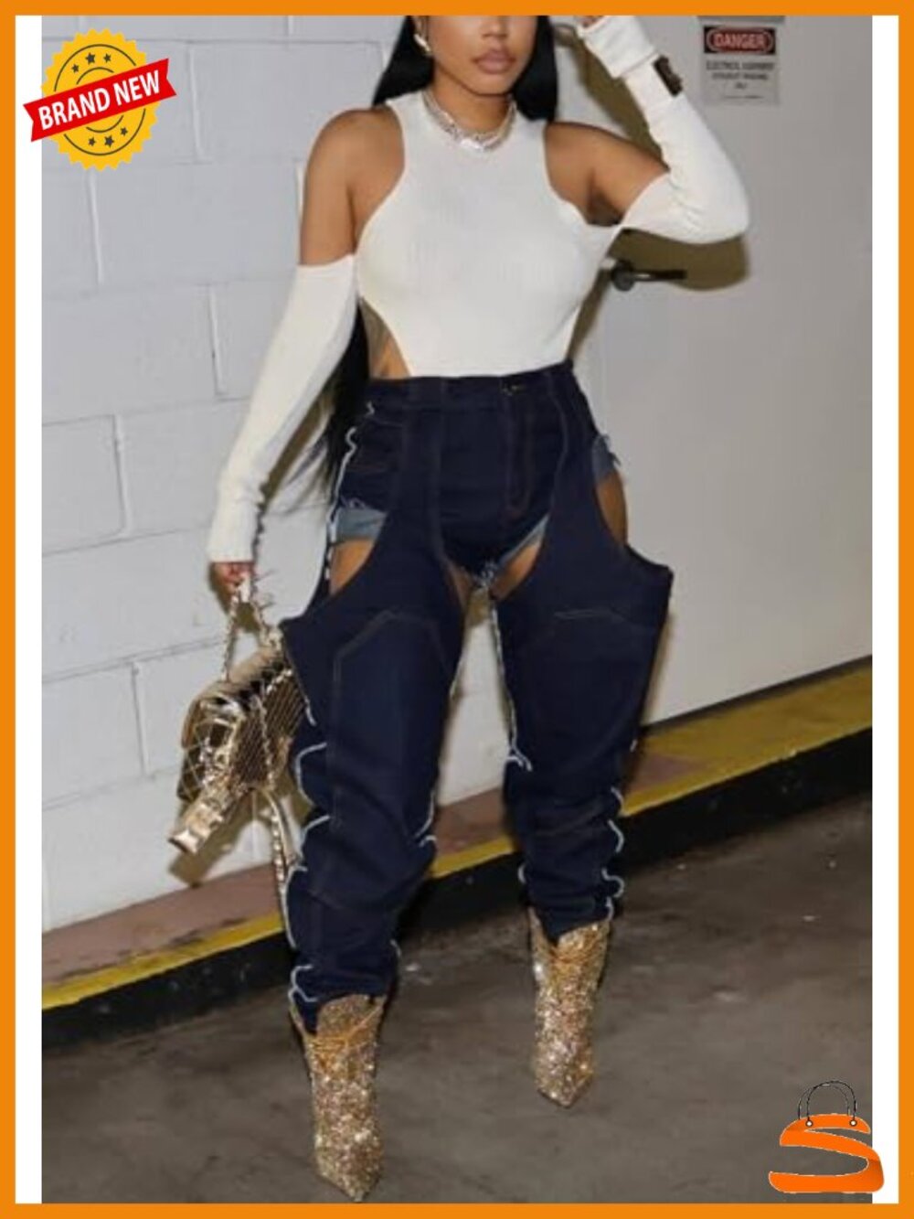 Baggy Denim Patchwork Jeans High Cutout Straight Wide Leg Stretchy Ripped Y2K - Picture 2 of 6
